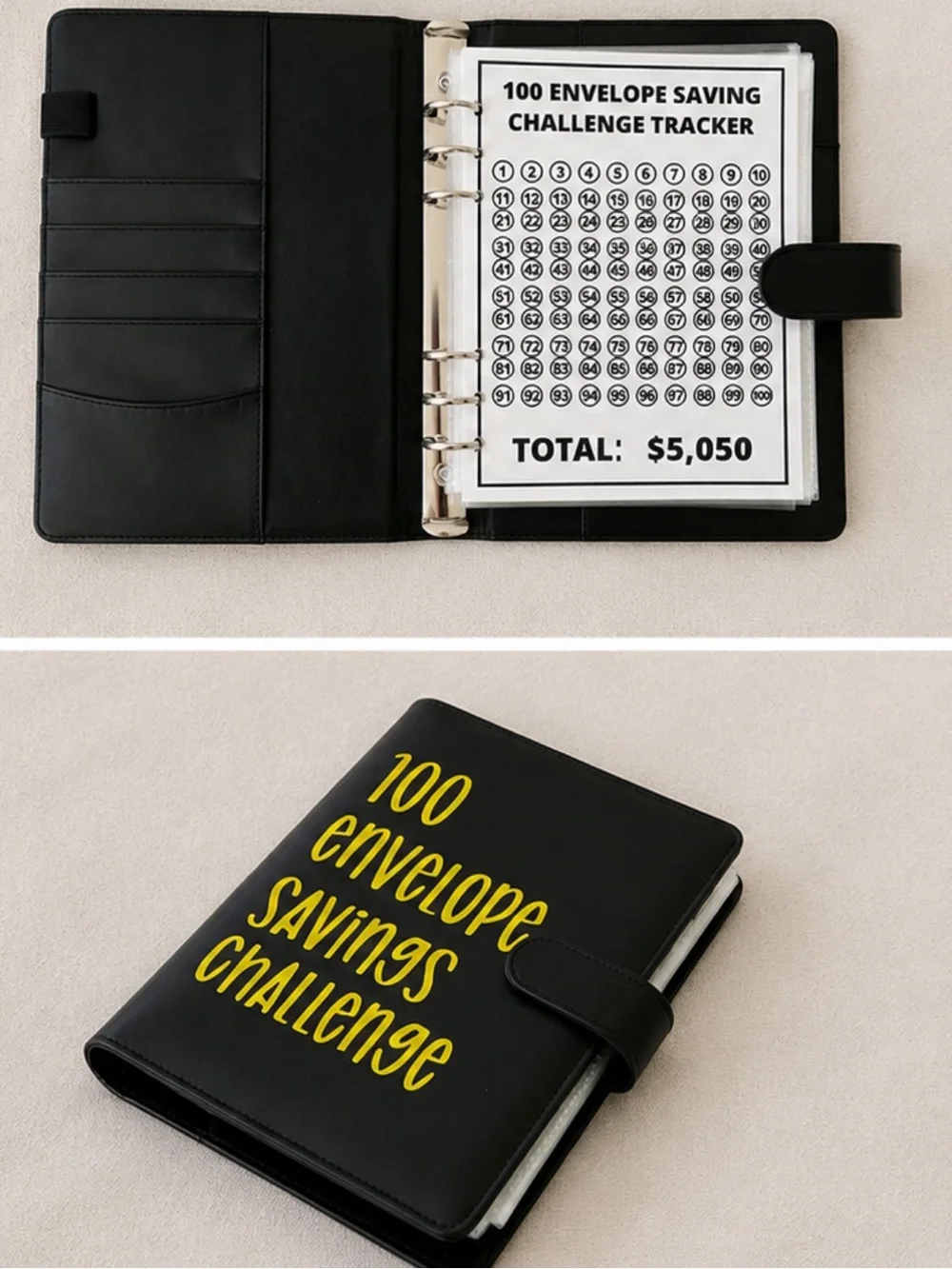 100 Envelope Savings Challenge Organizer - Black Faux Leather Binder